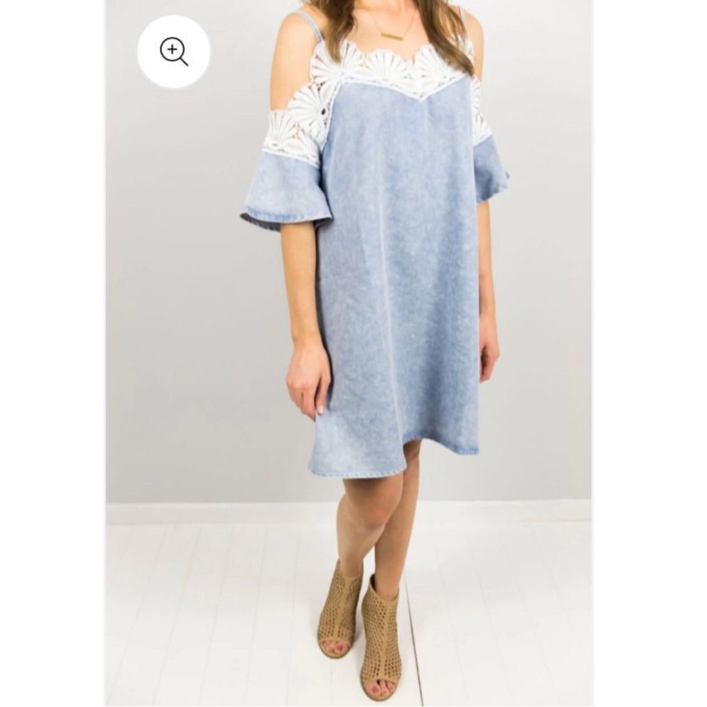 POL Blue Cold Shoulder Dress with Lace Detail